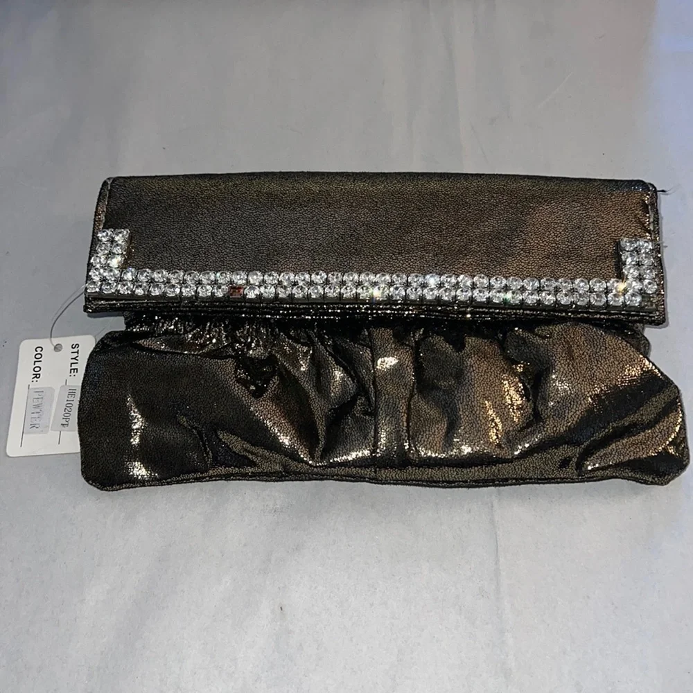 Pewter / rhinestone formal night flap pewter clutch‎ bag